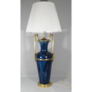 Large Lamp In Shaded Blue Ceramic With Bronze And Brass Frame, Early 20th Century