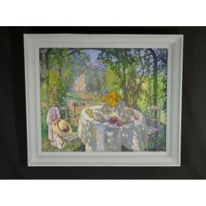 Déjeuner sous la tonnelle, tableau huile sur toile par Paul Terpereau (1893-1975)