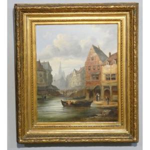 Lively Normandy Seaside Scene, Oil On Canvas, Animated By E. Valin, 1881