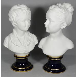 Pair Of Busts "the Brongniart Children" After Houdon, Limoges Tharaud Biscuit Porcelain