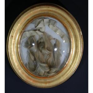 Reliquary Frame With Hair In Gilt Wood And Convex Glass, Napoleon III Period