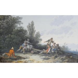 Gouache fin XVIII ème siècle, tableau personnages jouant dans paysage bucolique