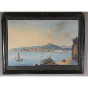 Gouache napolitaine, Napoli dal Carmine, vue de la baie de Naples, &eacute;poque XIX &egrave;me si&egrave;cle