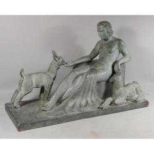 Art Deco Terracotta, Woman With Goats, Sculpture By T Riolo, Circa 1930