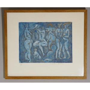 Simone NATHAN ASCHER (1924-2012), lithographie 5 femmes et un chat