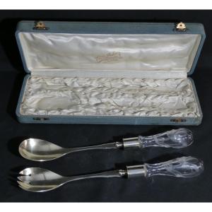 Couverts à salade Art Nouveau en verre gravé et métal argenté par Victor Saglier