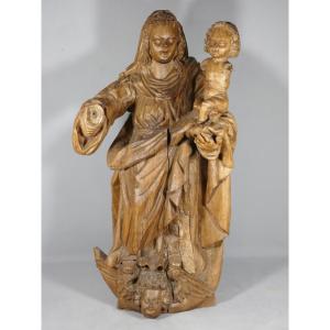 Vierge à l'enfant en noyer sculpté, sculpture époque XVIII ème siècle