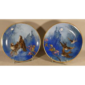 Pair Of Dishes With Birds, Sparrows And Swallows In Hand-painted Limoges Porcelain