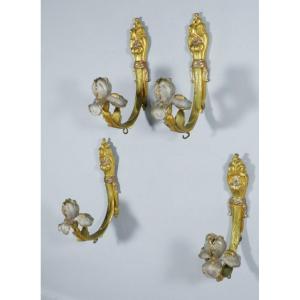 2 paires de porte embrasses de rideaux en bronze doré et argenté aux iris, époque Art Nouveau