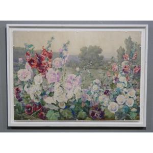 Les roses trémières, très grande aquarelle par Andrée Langrand