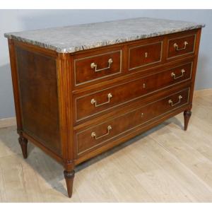 Estampille Sotto, commode d'époque Louis XVI en acajou et marbre brèche fossile grisn XVIII ème