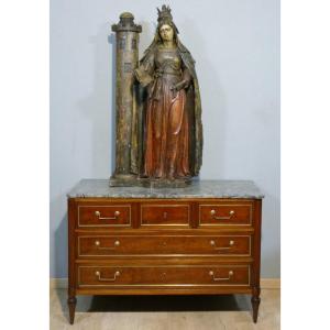 Sainte Barbe, Statue 1.25 M High, Polychrome Wood Carving, 17th Century