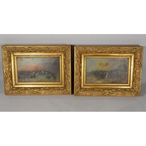 Pair Of Small Paintings Of Military Scenes, Cavalry Charges, Late 19th Century