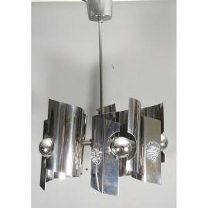 Space Age, Italian Chandelier From The 70s In Chromed Metal, Tappital Snc Alessandria