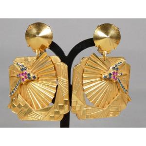 Clips d'oreilles vintage 1980, éventail aux oiseaux d'inspiration Art Déco