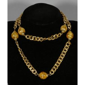 Yves Saint Laurent, 1980 Vintage Sautoir Necklace In Gilded Metal And Glass Beads, Ysl