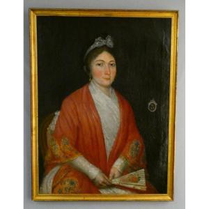 Portrait Of A Lady With A Fan - Empire / Restoration Period, Early 19th Century