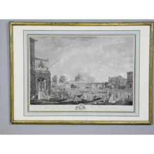 Très grande gravure XVIII ème"Fête sur le Tibre à Rome" par Duret d'après Joseph Vernet