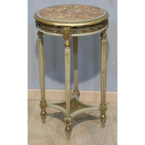 Louis XVI-style Pedestal Table In Carved And Painted Wood, With A Marble Top, Circa 1900