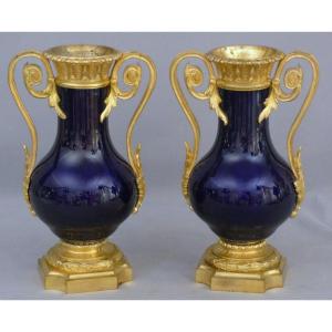 Pair Of Cobalt-blue And Gilded Bronze Porcelain Cassole Vases – Charles X Period, 1830