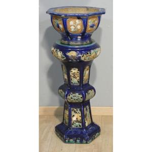Jardinière ou cache pot sur colonne en terre cuite vernissée, Indochine, époque début XX ème