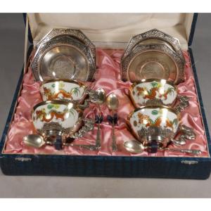 Service à thé aux dragons en porcelaine et argent massif, Indochine, début XX ème siècle