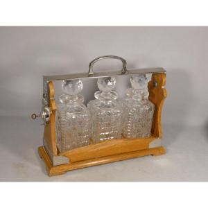 Whiskey Or Spirits Cabinet, 3 Decanters In A Wooden And Iron Case, Circa 1920