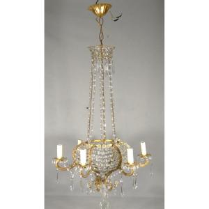 Italian Chandelier With Pearls And Gilded Iron, Mid-20th Century