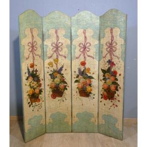 Paravent 4 feuilles en bois peint de bouquets de fleurs, époque XX ème