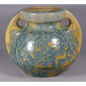 Pierrefonds, vase boule à anses en grès émaillé cristallisation métalisation, vers 1930