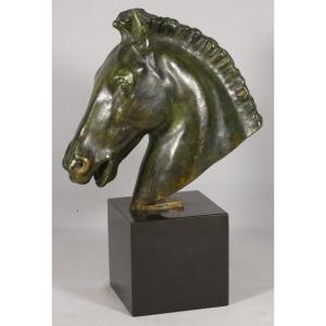 Dressage Horse, Green-patina Bronze Sculpture By Chatil, Early 20th Century 