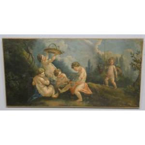 Les amours vendangeurs, d'après Boucher, grand tableau huile sur toile, 2e d'une paire