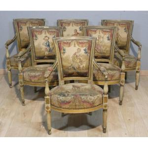 Suite de six fauteuils en bois laqué et doré tapisseries à scènes– Époque Directoire, vers 1795