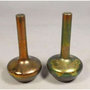 Paire de vases miniatures en grès émaillé métallisation, signés ASB