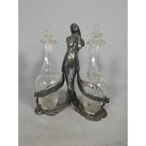 Art Nouveau - Silver-plated Metal Oil And Vinegar Set, Featuring A Woman, Circa 1900