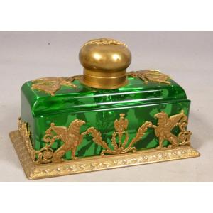 Green Crystal And Gilded Bronze Inkwell – Empire Style, Late 19th Century
