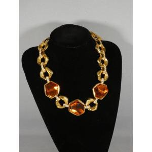 Jean-louis Scherrer Paris Necklace – Gold-plated Metal, Rhinestones, And Amber-colored Resin – Circa 1980
