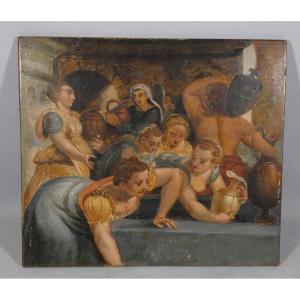 Scene Of Figures At The Fountain – Mannerist School, 17th Century – Oil On Panel