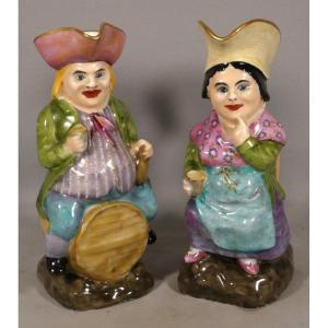 Pair Of Anthropomorphic “jacquot” And “jacqueline” Jugs In Polychrome Porcelain – 19th Century