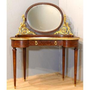 Kidney-shaped Dressing Table, Thuja Wood And Gilded Bronze Magnifying Mirror, Late 19th Century