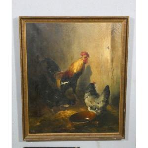 Eugène Cottin – Grande scène de basse-cour au coq et aux poules – XIXe siècle