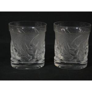 Lalique France, 2 Clear And Satin-finish Crystal Whiskey Glasses Featuring Swallows