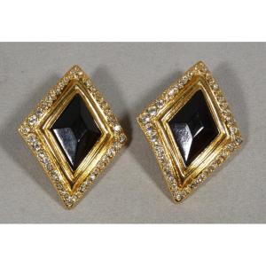 Jean-louis Scherrer – Large Black Couture Earrings With Rhinestones, 1980s