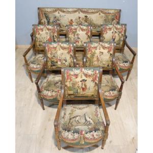 Directoire-style Period Parlor With 18th-century Tapestry Depicting Pastoral Scenes And La Fontaine's Fables