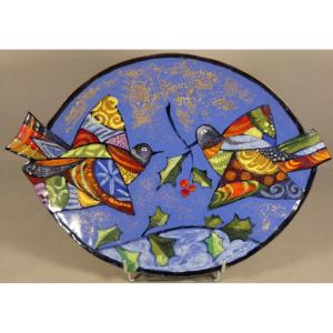 Léa Sham’s – Large Limoges Enamel Bowl With Birds And Holly – 40 Cm