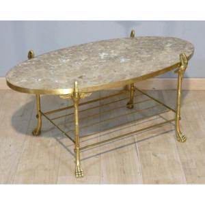 Neoclassical Coffee Table In Bronze And Brass With Swans, Marble Top – Circa 1960, Jansen?