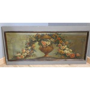 Dessus-de-porte aux guirlandes de fleurs et vase néoclassique – Huile sur toile marouflée, XIXe