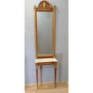 Sideboard And Matching Mirror In Red And Gold Lacquered Wood – Empire Style, Italy, Early 20th Century