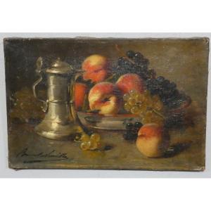 Brunel De Neuville, Peaches And Grapes, Small Still Life, Oil On Canvas