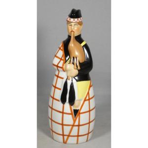 Robj Paris – Art Deco “bagpiper” Liqueur Bottle In Polychrome Porcelain, Ver
